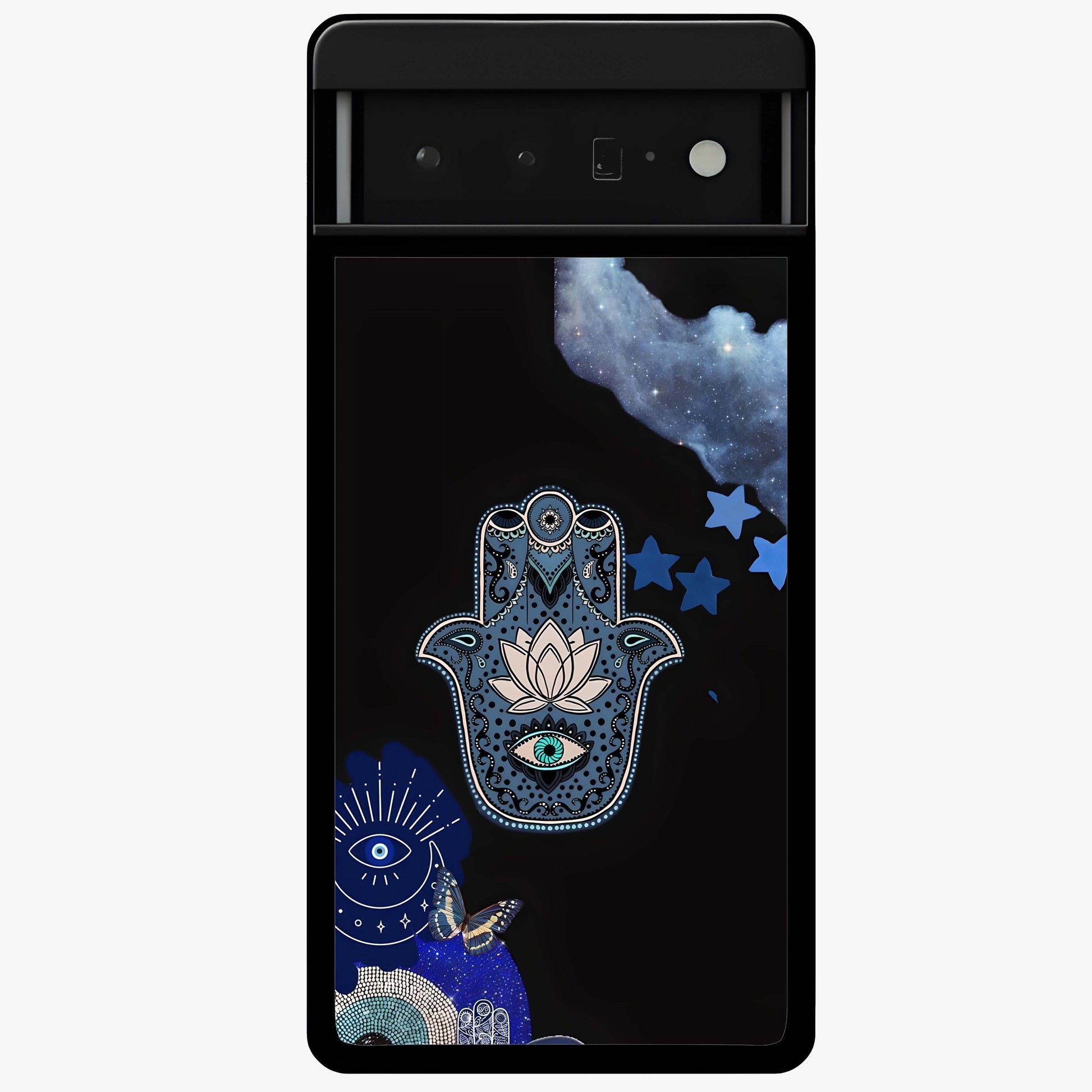 Mystic Hand Aura Glass Case showing flat back view with mystical hand symbol artwork and glossy glass finish.