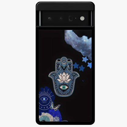 Mystic Hand Aura Glass Case showing flat back view with mystical hand symbol artwork and glossy glass finish.