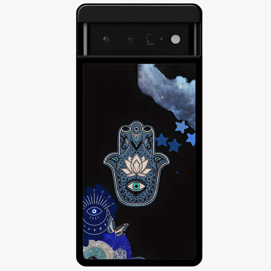 Mystic Hand Aura Glass Case showing flat back view with mystical hand symbol artwork and glossy glass finish.