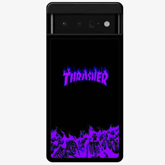 Neon Flame Riot Glass Case showing flat back view with neon flame artwork and glossy glass finish.