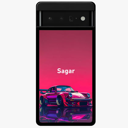 Neon Pink Porsche Glass Case showing flat back view with stylish sports car artwork and glossy glass finish.