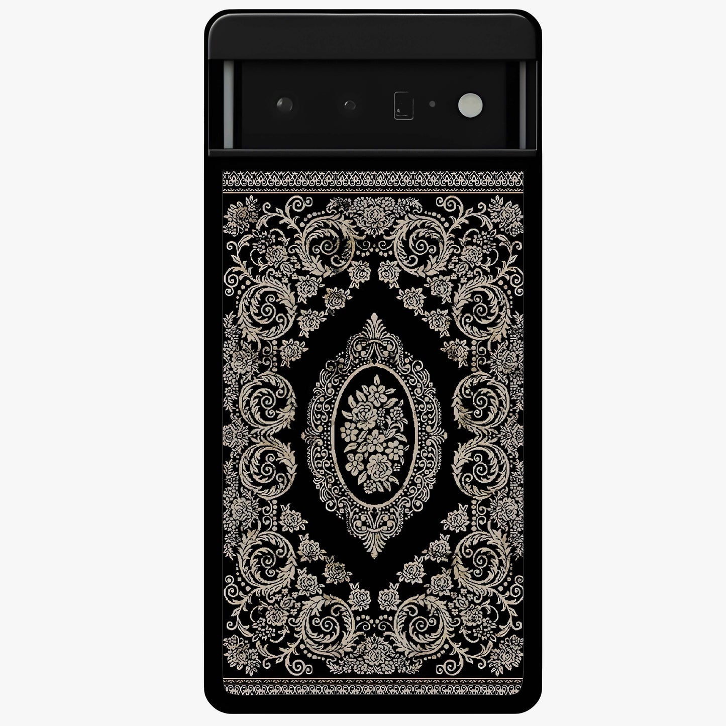 Noir Bloom Elegance Glass Case showing flat back view with elegant dark floral artwork and glossy glass finish.