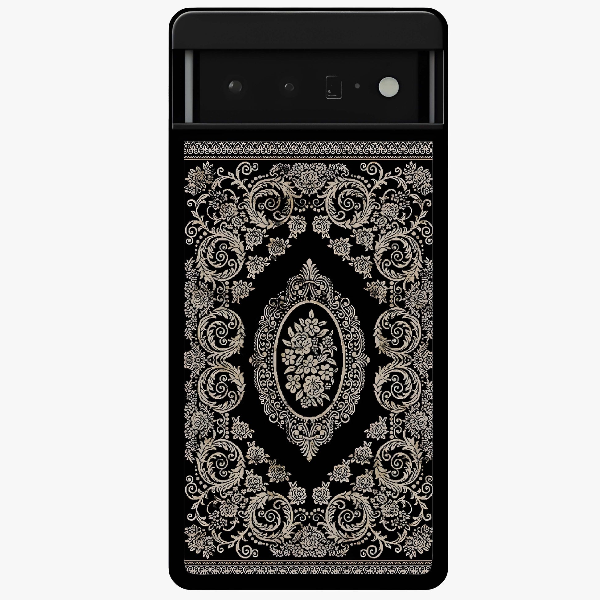 Noir Bloom Elegance Glass Case showing flat back view with elegant dark floral artwork and glossy glass finish.