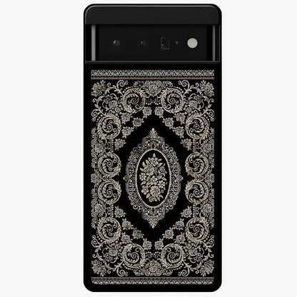Noir Bloom Elegance Glass Case showing flat back view with elegant dark floral artwork and glossy glass finish.
