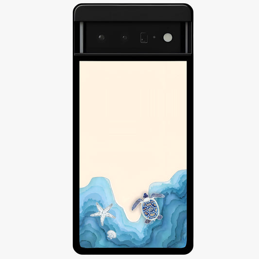 Ocean Drift Turtle Glass Case showing flat back view with sea turtle artwork and glossy glass finish.