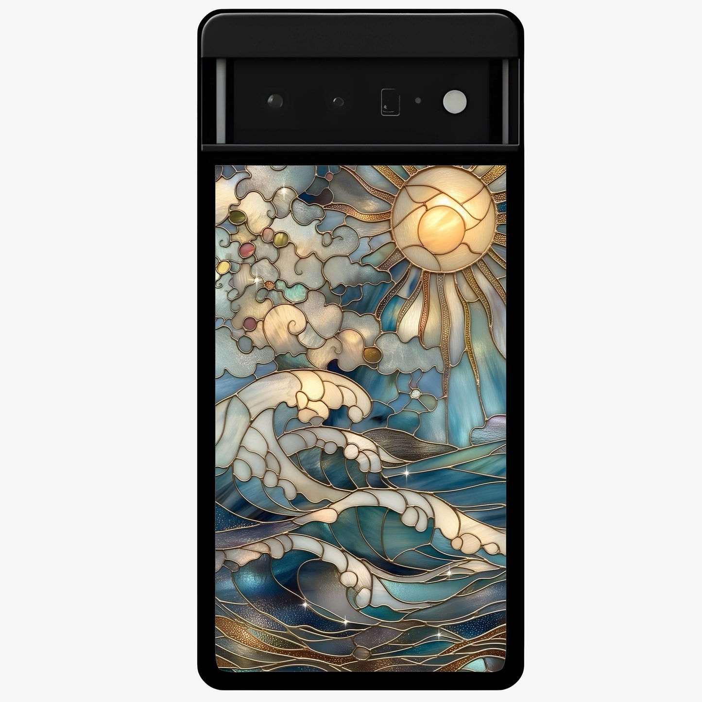 Oceanic Stained Printed Glass Case showing flat back view with ocean inspired stained pattern artwork and glossy glass finish.