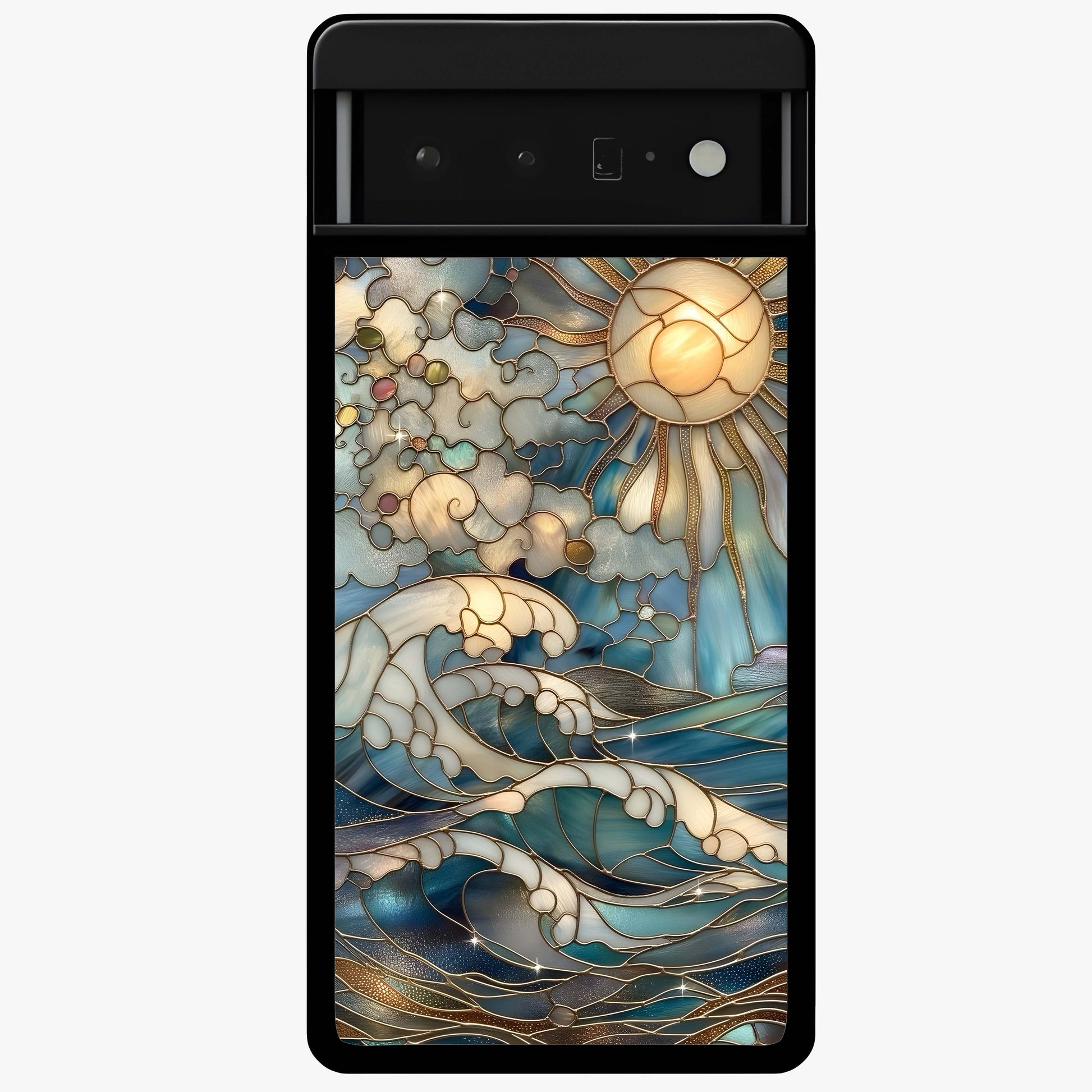Oceanic Stained Printed Glass Case showing flat back view with ocean inspired stained pattern artwork and glossy glass finish.