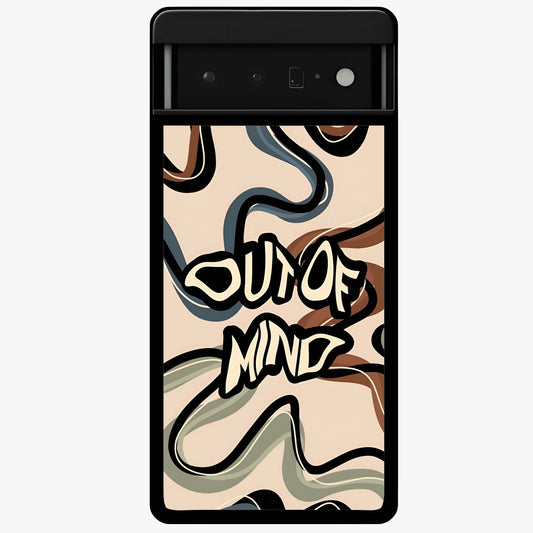 Out Of Mind Glass Case showing flat back view with expressive typography artwork and glossy glass finish.