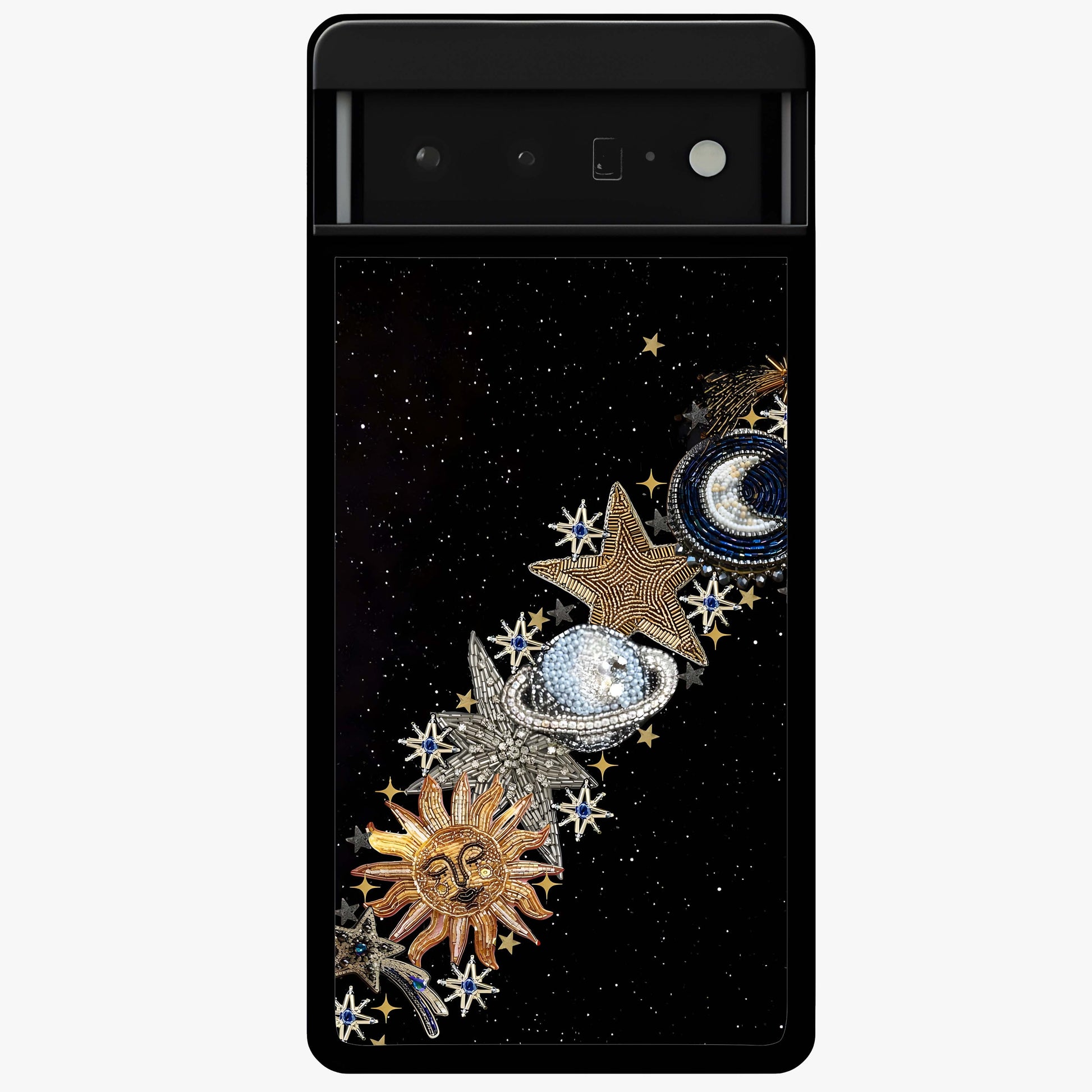 Pearls Universe Object Glass Case showing flat back view with pearl inspired cosmic artwork and glossy glass finish.