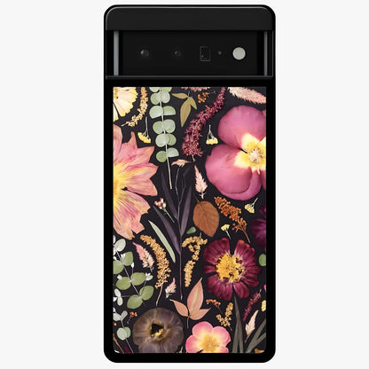 Petal Dream Tapestry Glass Case showing flat back view with intricate floral tapestry artwork and glossy glass finish.