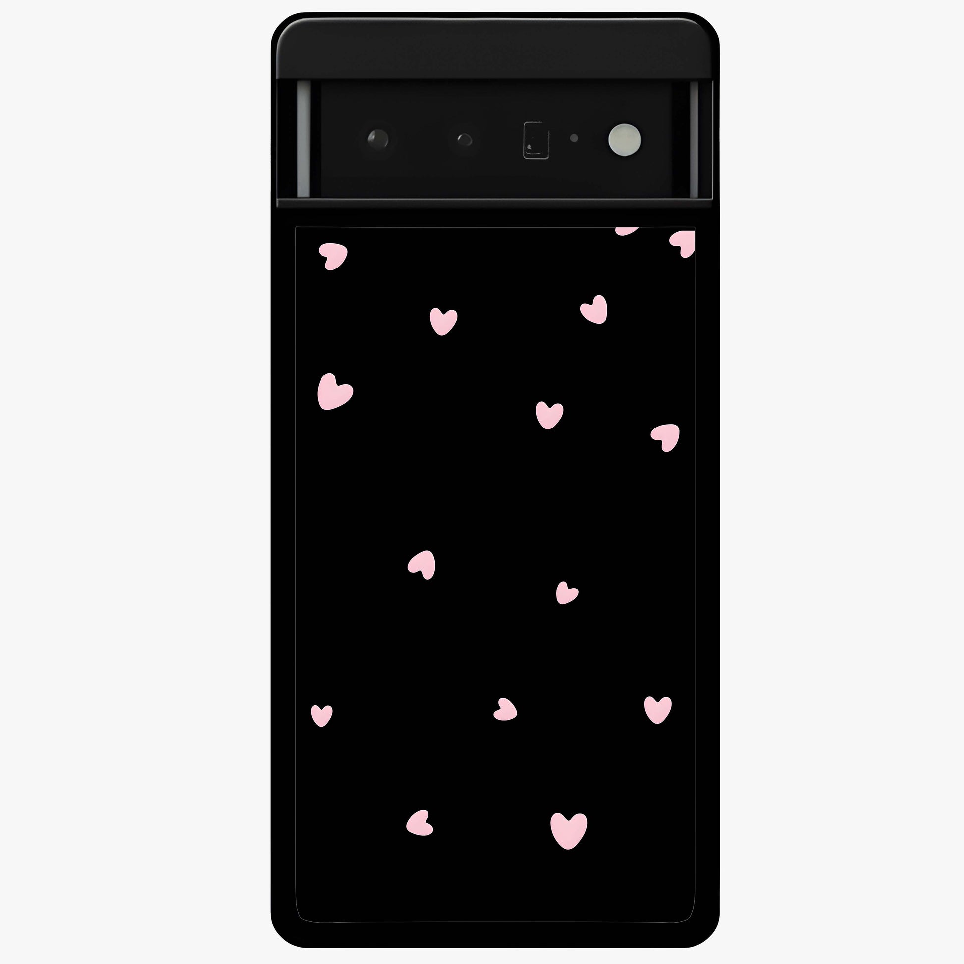 Pink Love Drops Glass Case showing flat back view with playful pink heart drops artwork and glossy glass finish.