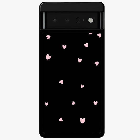 Pink Love Drops Glass Case showing flat back view with playful pink heart drops artwork and glossy glass finish.