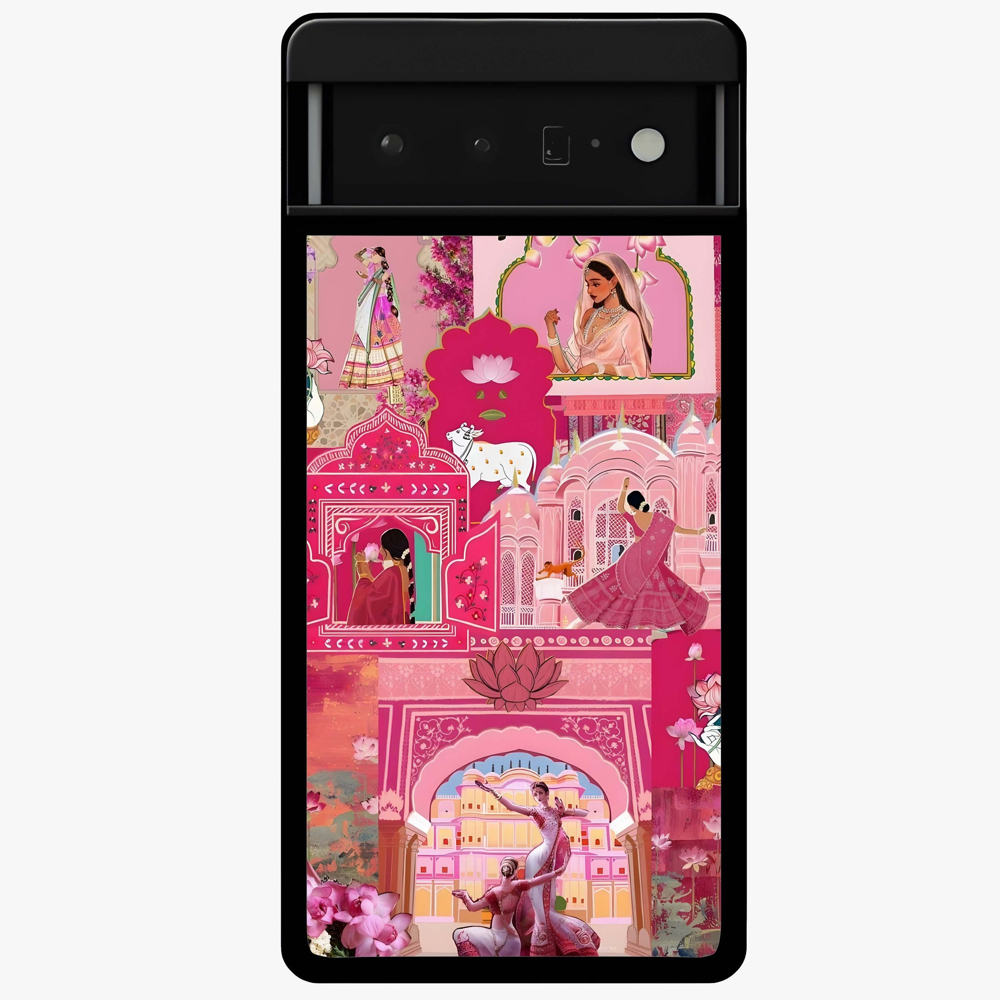 Pink Palace Muse Glass Case showing flat back view with elegant palace inspired artwork and glossy glass finish.