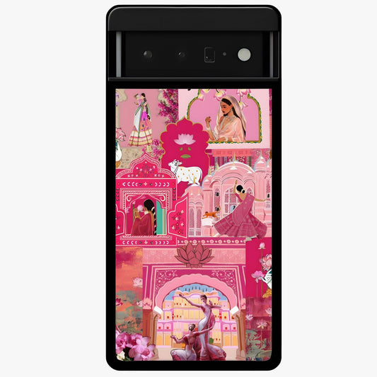 Pink Palace Muse Glass Case showing flat back view with elegant palace inspired artwork and glossy glass finish.
