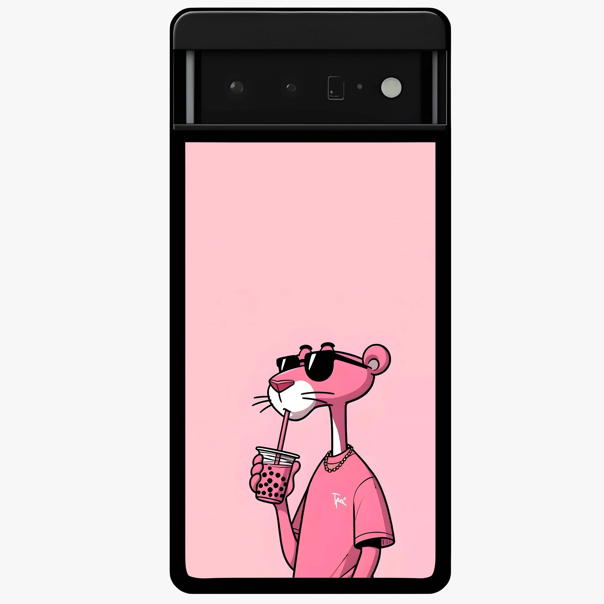 Pink Panther Glass Case showing flat back view with iconic pink panther artwork and glossy glass finish.
