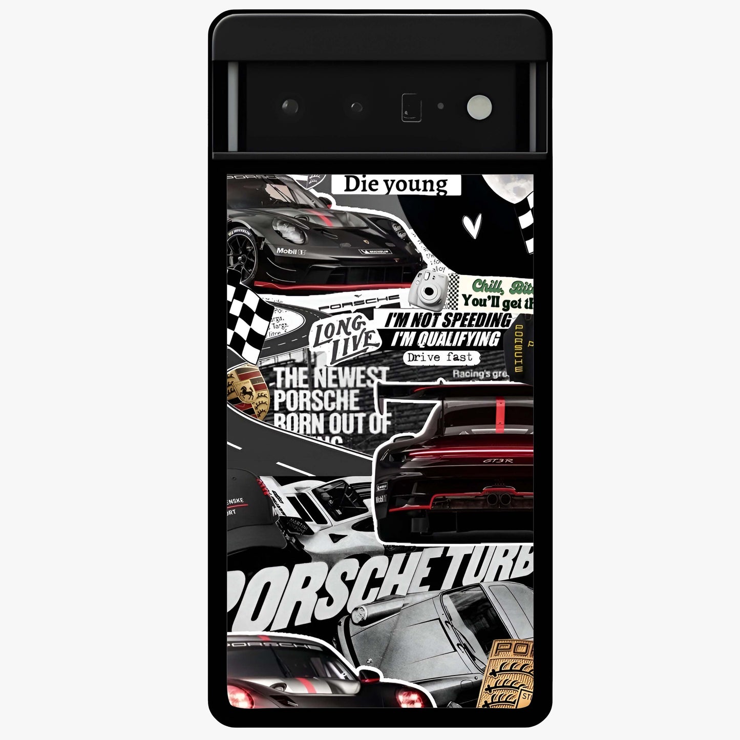 Porsche Racing Collage Glass Case showing flat back view with sports car racing collage artwork and glossy glass finish.