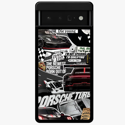 Porsche Racing Collage Glass Case showing flat back view with sports car racing collage artwork and glossy glass finish.