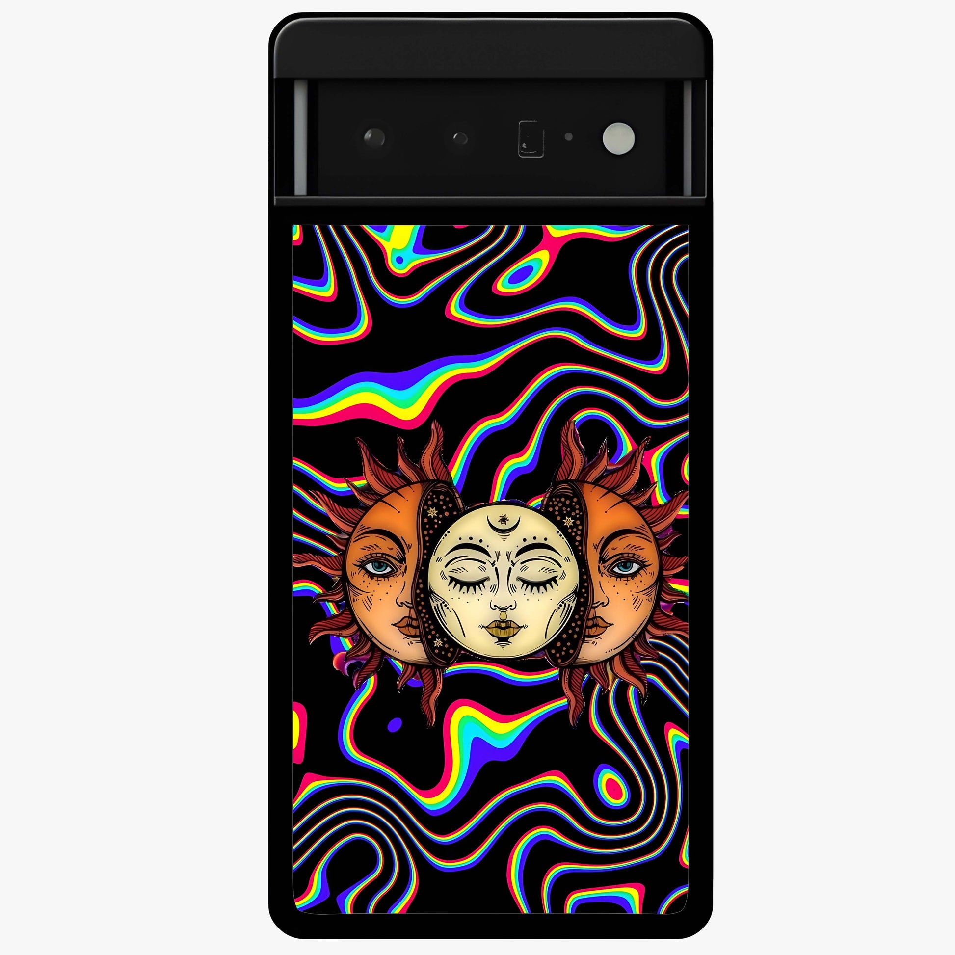 Psychedelic Sun Glass Case showing flat back view with colorful psychedelic sun artwork and glossy glass finish.