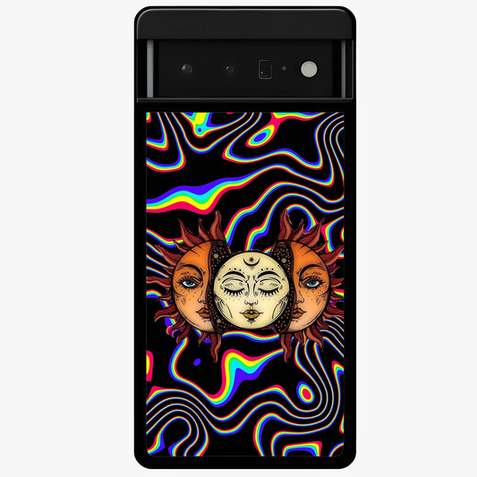 Psychedelic Sun Glass Case showing flat back view with colorful psychedelic sun artwork and glossy glass finish.