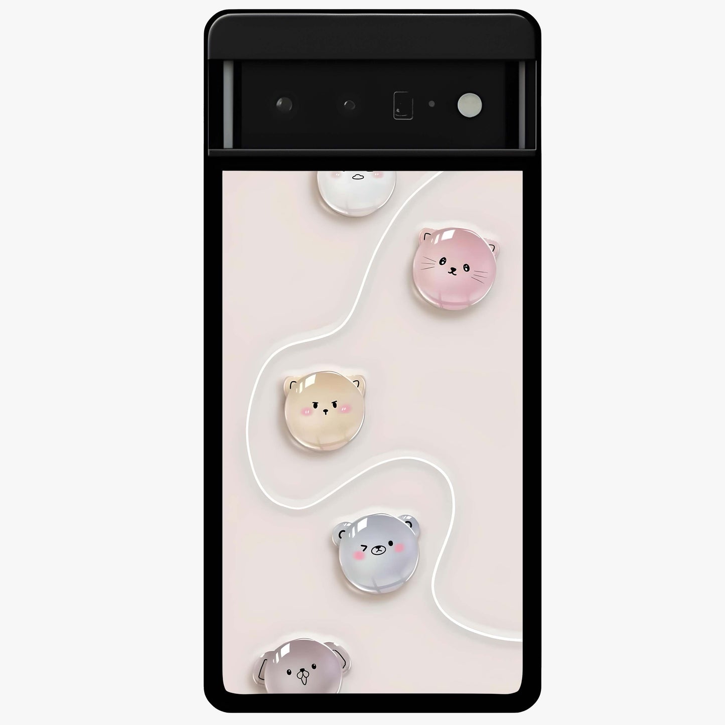 Puffy Face Parade Glass Case showing flat back view with cute puffy character faces artwork and glossy glass finish.