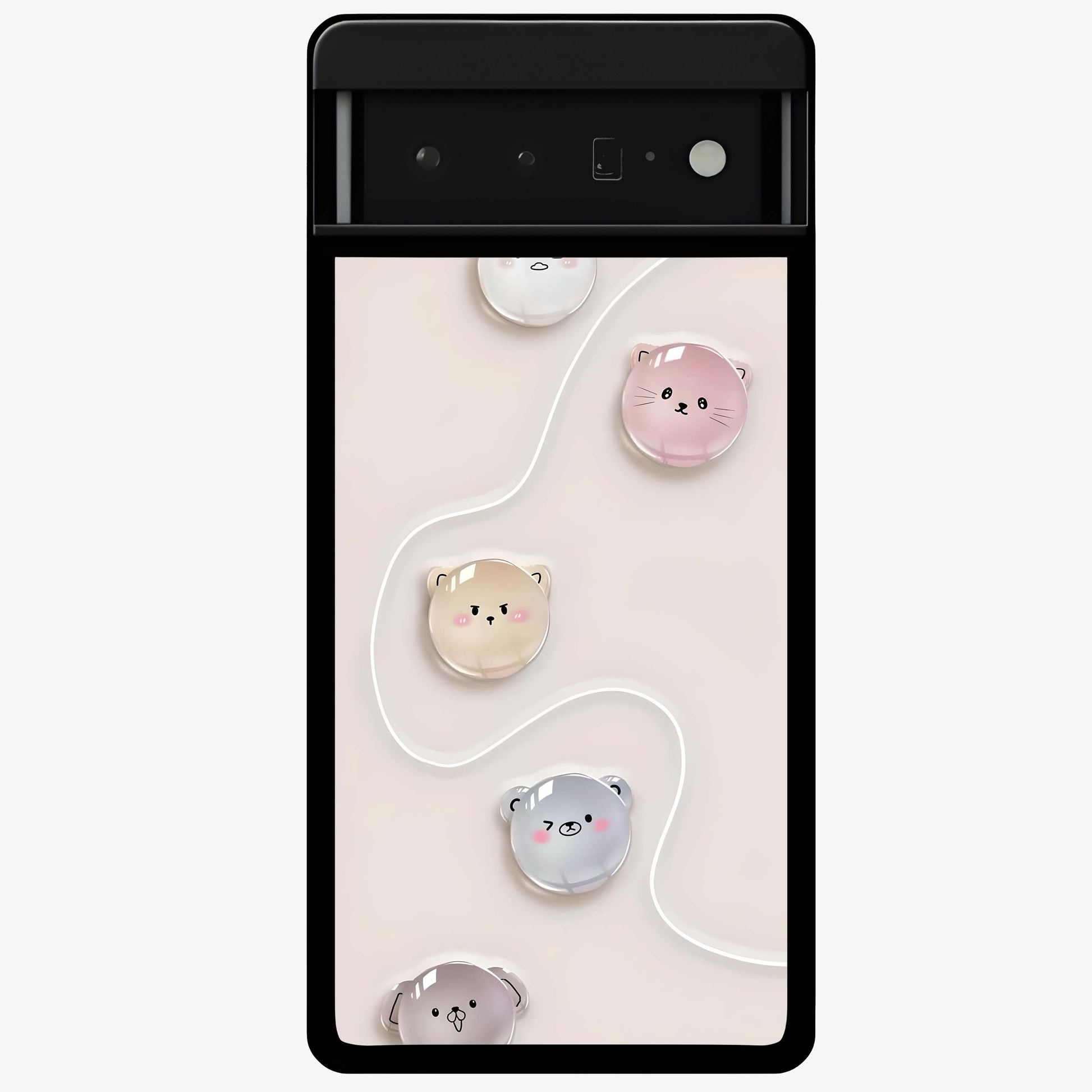 Puffy Face Parade Glass Case showing flat back view with cute puffy character faces artwork and glossy glass finish.