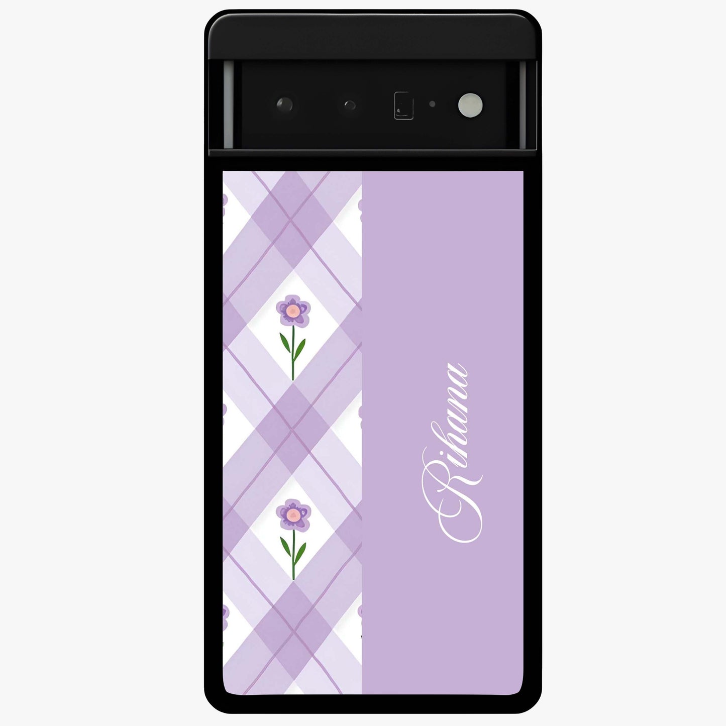 Purple Diamond Floral Glass Case showing flat back view with diamond shaped floral artwork and glossy glass finish.