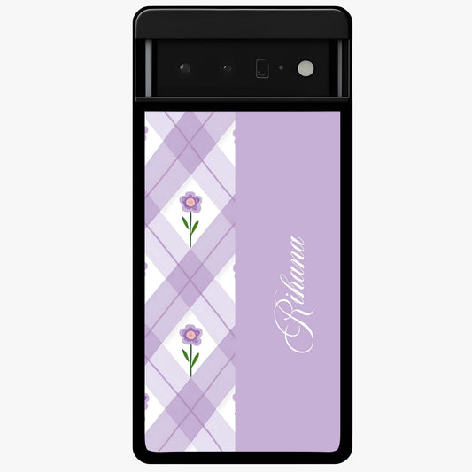 Purple Diamond Floral Glass Case showing flat back view with diamond shaped floral artwork and glossy glass finish.