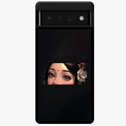 Radha Divine Embrace Glass Case showing flat back view with devotional Radha artwork and glossy glass finish.