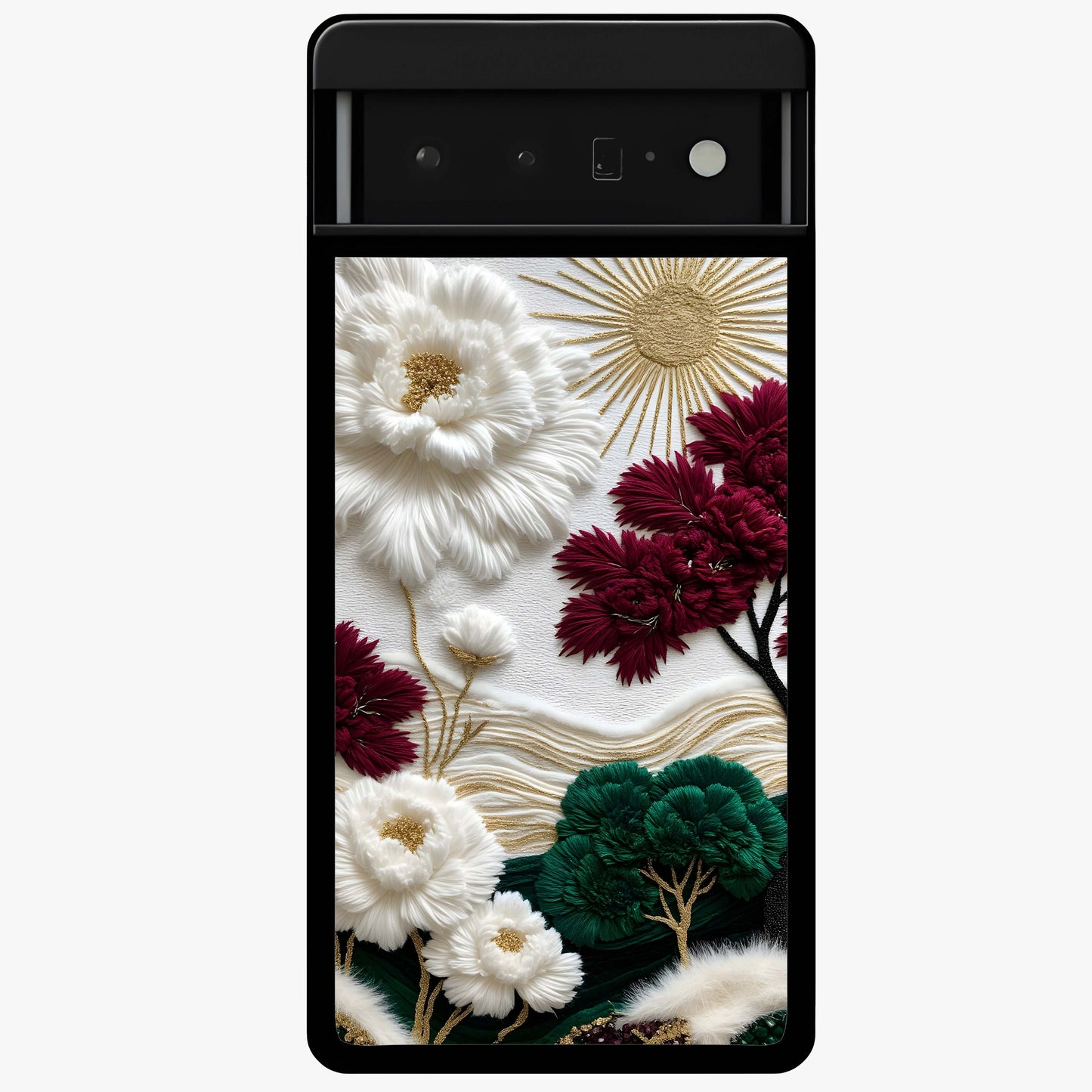 Radiant Bloom Elegance Glass Case showing flat back view with elegant blooming flower artwork and glossy glass finish.