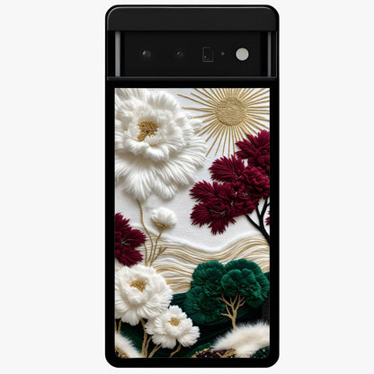 Radiant Bloom Elegance Glass Case showing flat back view with elegant blooming flower artwork and glossy glass finish.