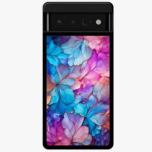 Radiant Floral Whirl Glass Case showing flat back view with swirling floral artwork and glossy glass finish.