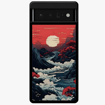 Red Sunset Scenery Glass Case showing flat back view with vibrant sunset landscape artwork and glossy glass finish.