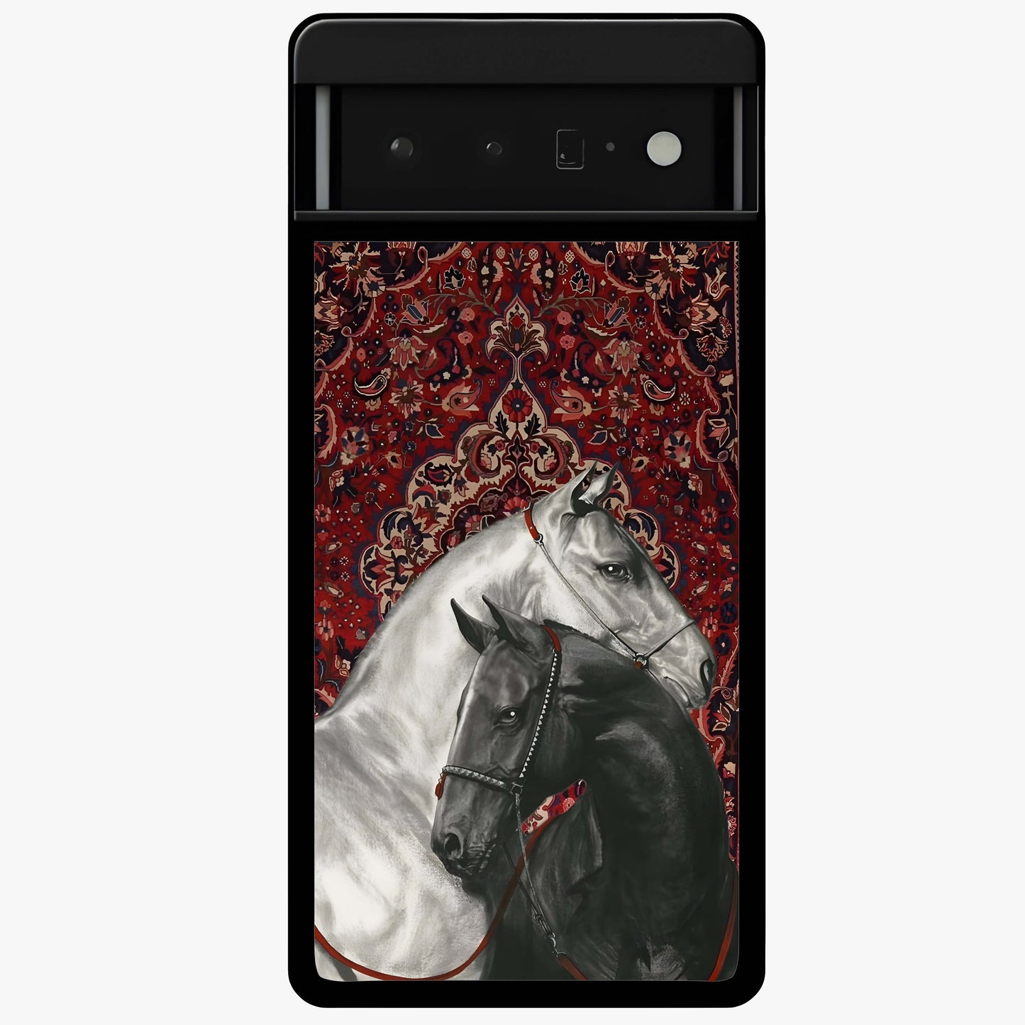 Regal Stallion Tapestry Glass Case showing flat back view with majestic horse tapestry artwork and glossy glass finish.