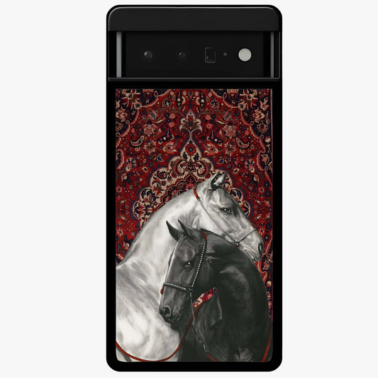 Regal Stallion Tapestry Glass Case showing flat back view with majestic horse tapestry artwork and glossy glass finish.