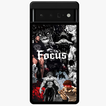 Relentless Power Focus Glass Case showing flat back view with motivational typography artwork and glossy glass finish.