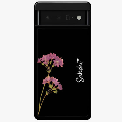 Riching Lavender Flower Custom Name Glass Case showing flat back view with lavender floral artwork and personalized name design.