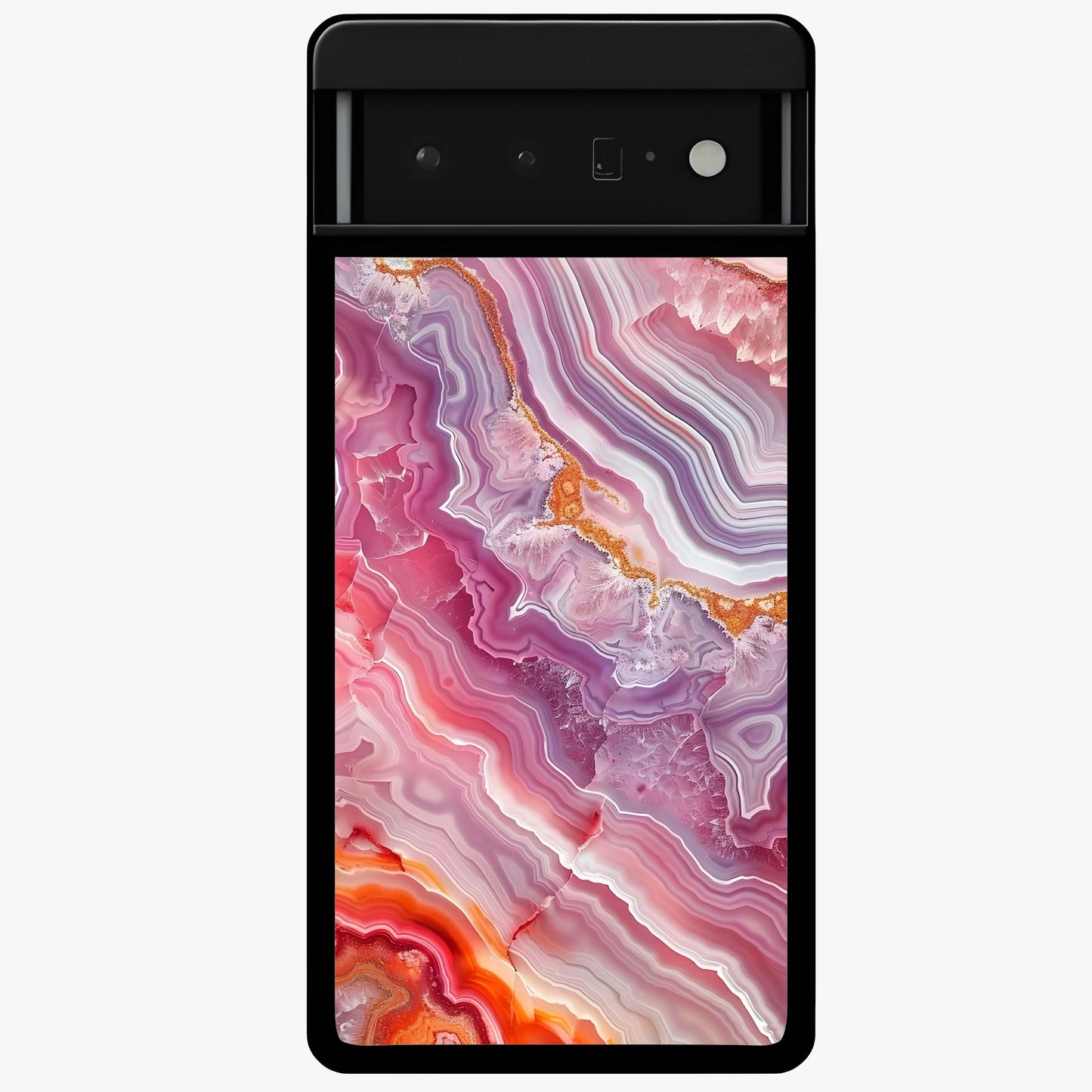 Rose Quartz Marble Glass Case showing flat back view with pink marble quartz texture artwork and glossy glass finish.