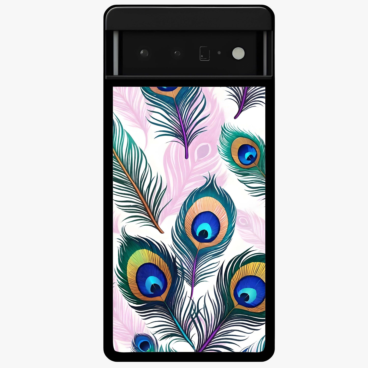 Royal Peacock Feathers Glass Case showing flat back view with colorful peacock feather artwork and glossy glass finish.