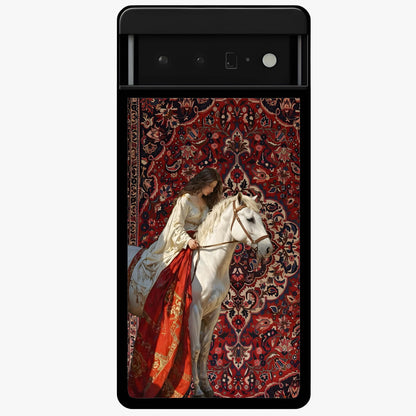 Royal Rider Tapestry Glass Case showing flat back view with majestic horse rider tapestry artwork and glossy glass finish.