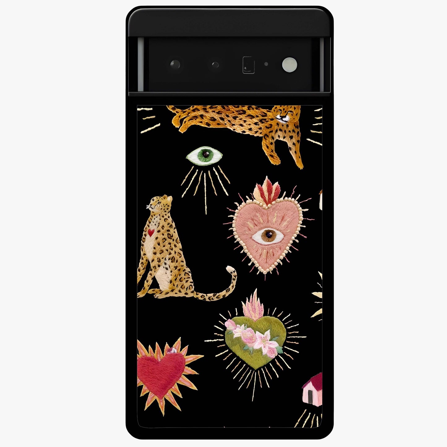 Sacred Jungle Heart Glass Case showing flat back view with jungle inspired heart artwork and glossy glass finish.