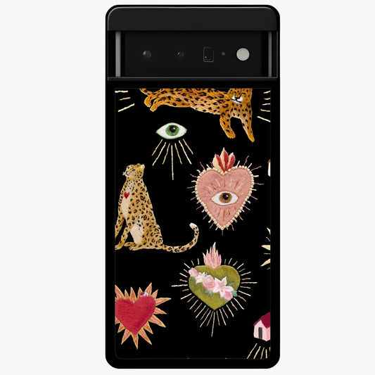 Sacred Jungle Heart Glass Case showing flat back view with jungle inspired heart artwork and glossy glass finish.