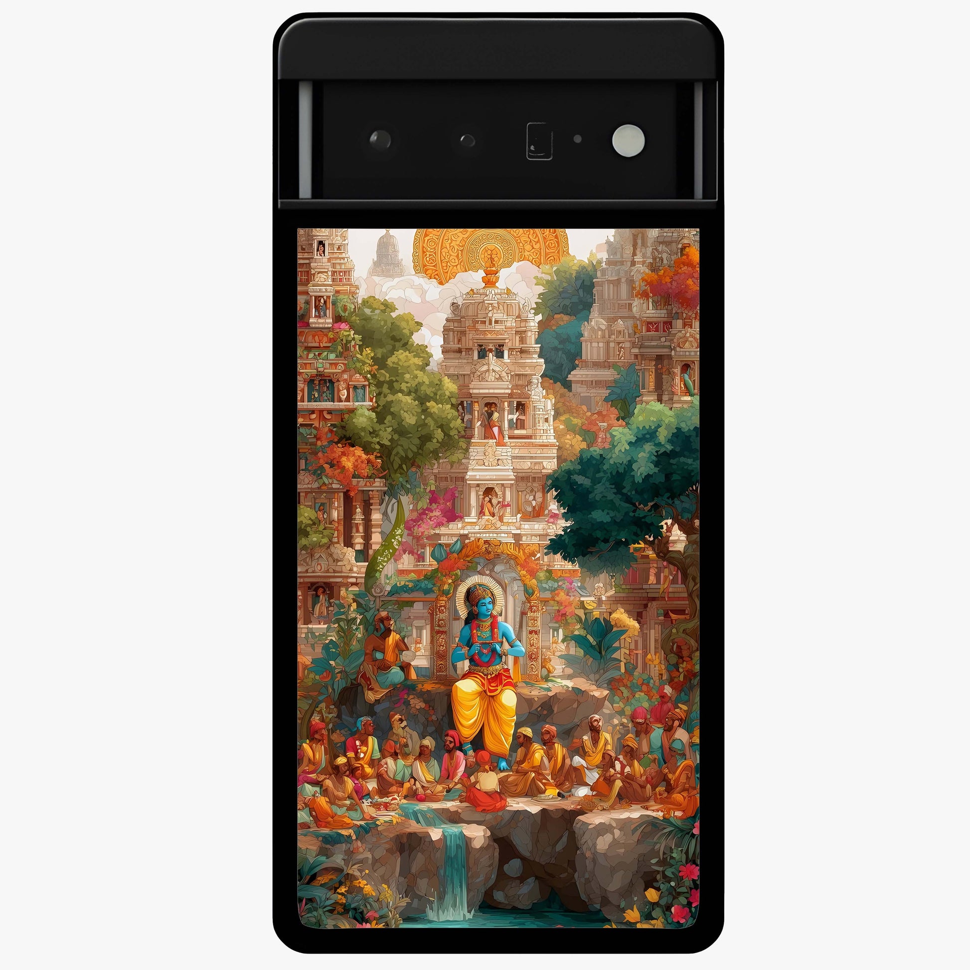 Sacred Sunlight Gods Glass Case showing flat back view with divine sunlight themed artwork and glossy glass finish.
