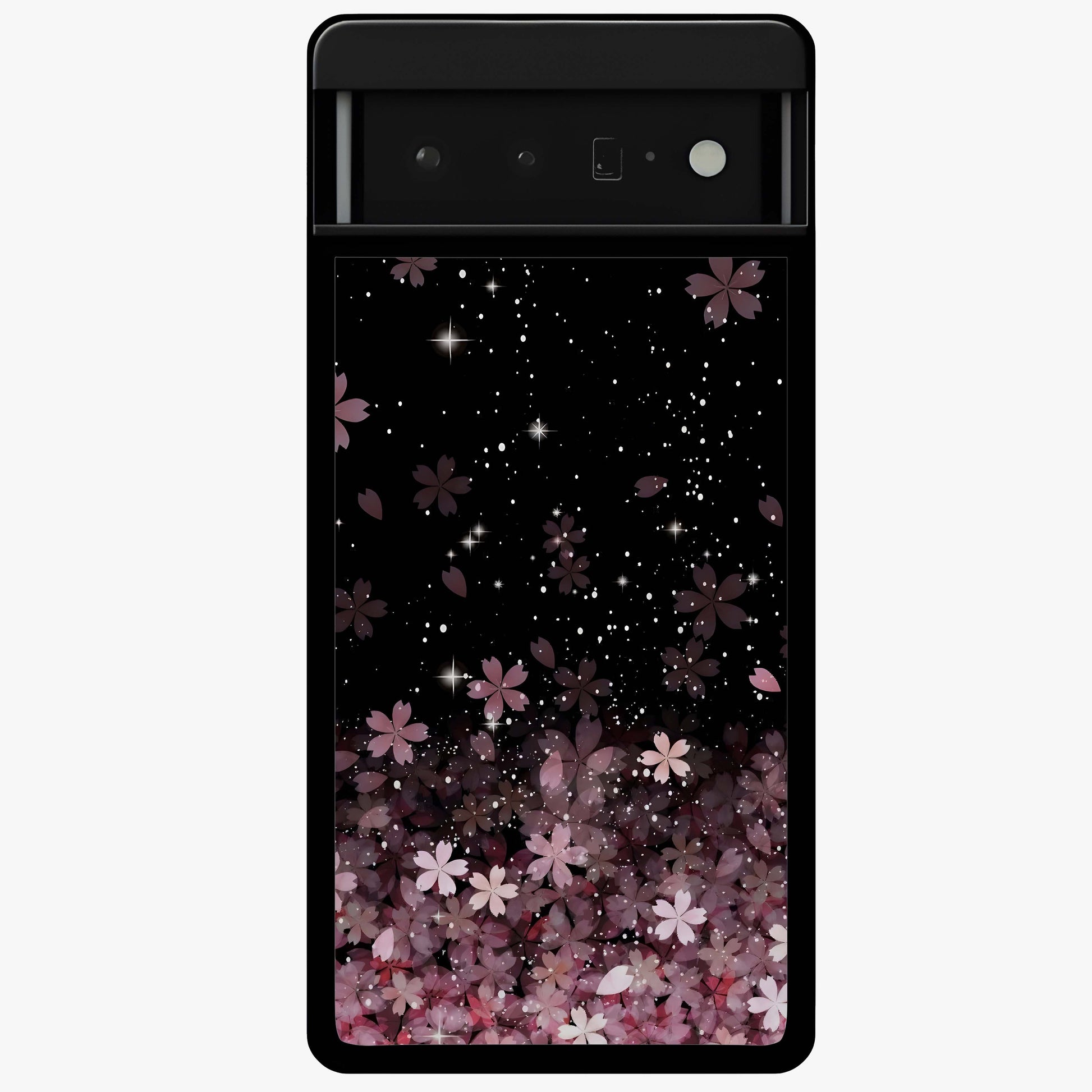 Small Starry Flowers Glass Case showing flat back view with delicate starry floral artwork and glossy glass finish.