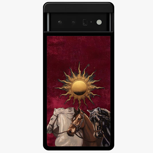Solar Riders Glass Case showing flat back view with dynamic rider themed artwork and glossy glass finish.