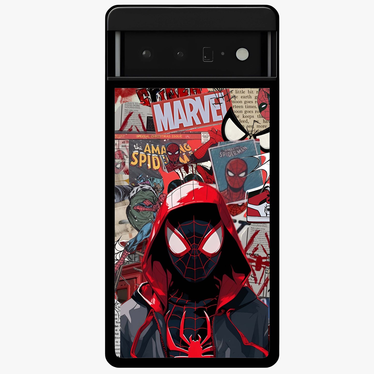 Spider Collage Street Glass Case showing flat back view with vibrant superhero collage artwork and glossy glass finish.