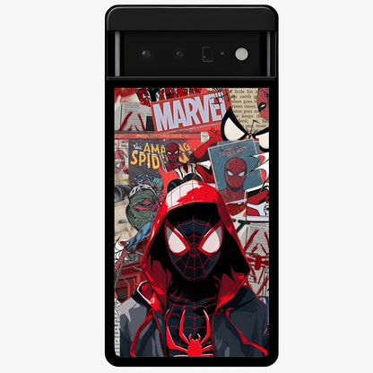 Spider Collage Street Glass Case showing flat back view with vibrant superhero collage artwork and glossy glass finish.