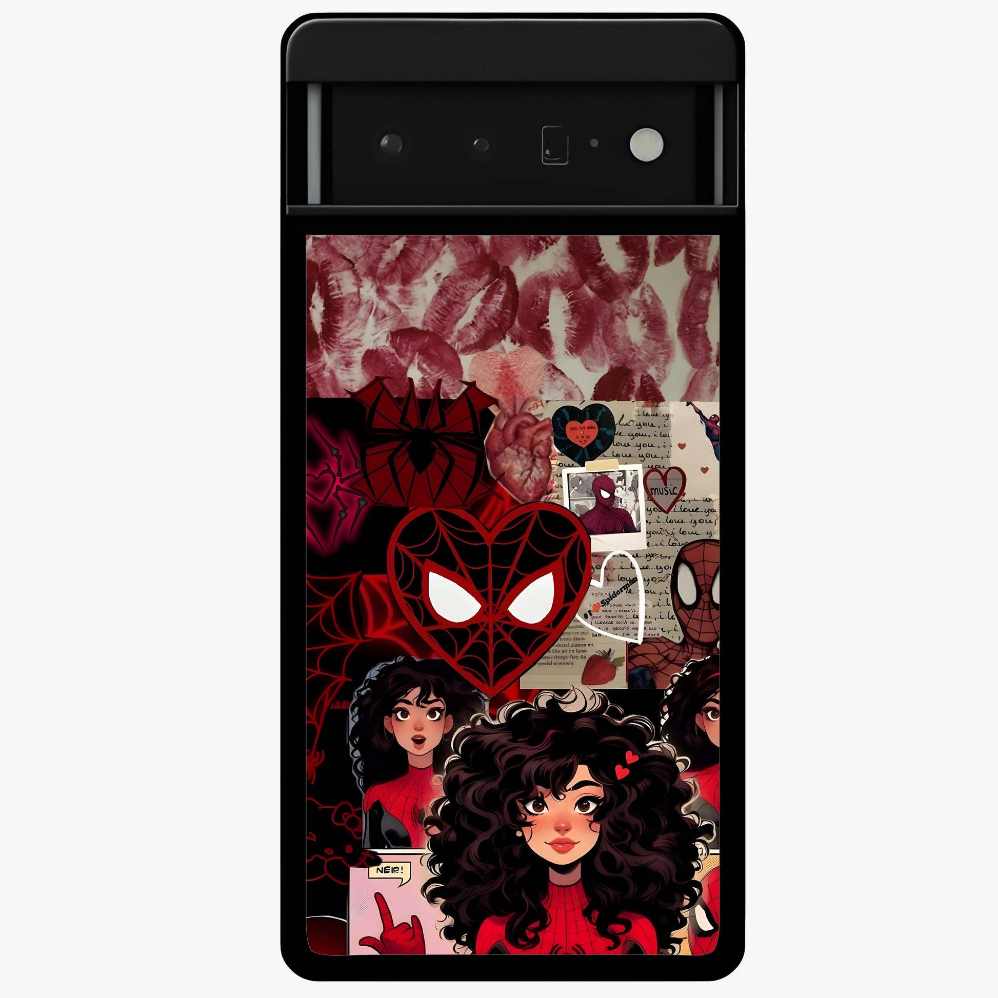 Spider Love Story Glass Case showing flat back view with romantic superhero themed artwork and glossy glass finish.