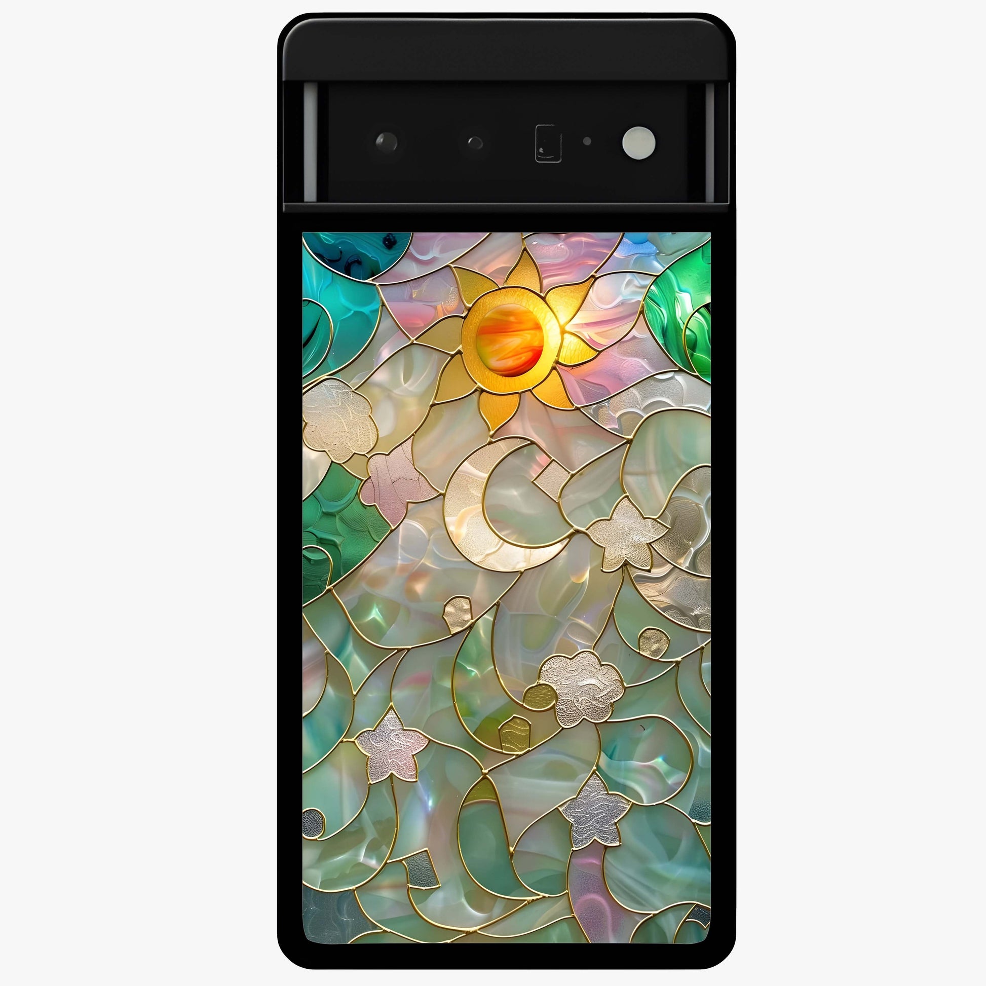 Stained Sunrise Glow Glass Case showing flat back view with glowing sunrise stained pattern artwork and glossy glass finish.