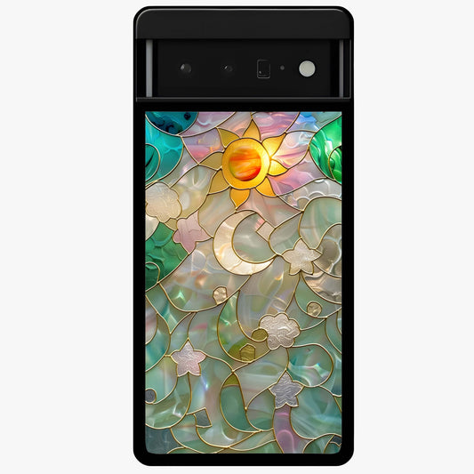 Stained Sunrise Glow Glass Case showing flat back view with glowing sunrise stained pattern artwork and glossy glass finish.