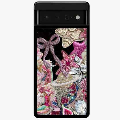 Starlit Jewel Dream Glass Case showing flat back view with sparkling jewel and star themed artwork and glossy glass finish.